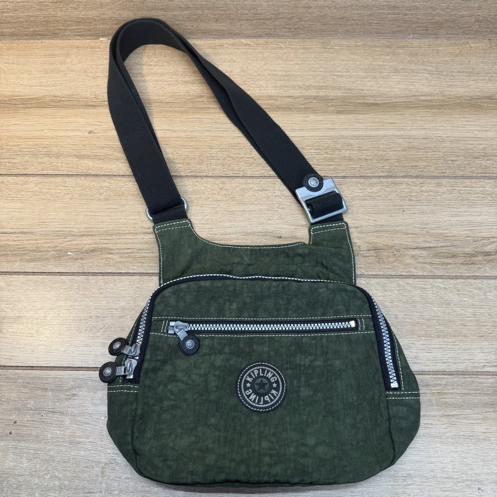 Vintage KIPLING Crossbody Bag Green Nylon Slouchy Shoulder Messenger Y2K Boho